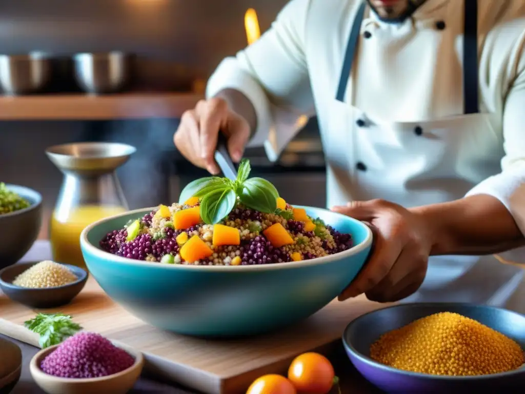 Chef peruano preparando una colorida ensalada de quinua con ingredientes autóctonos en cocina moderna