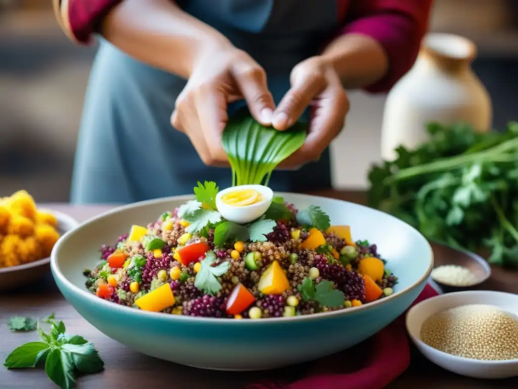 Un chef peruano prepara una colorida ensalada de quinua en una cocina andina