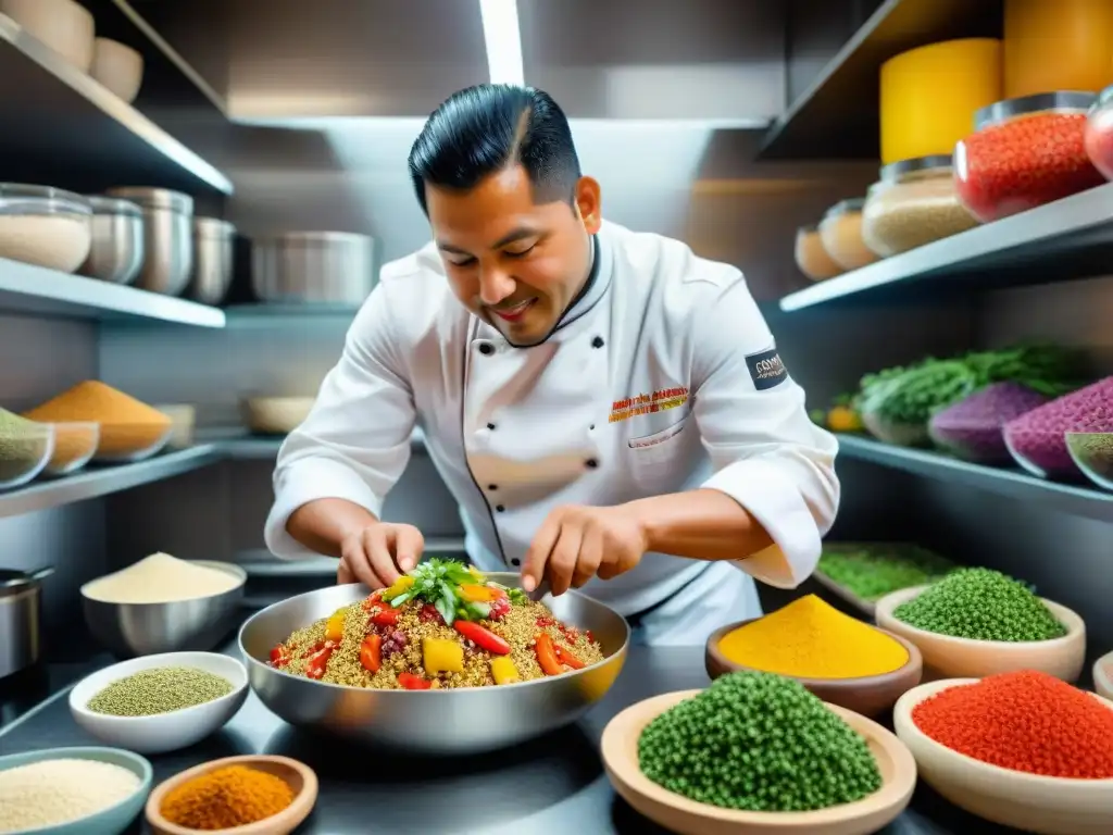 Un chef peruano preparando una colorida ensalada de quinua en una cocina bulliciosa