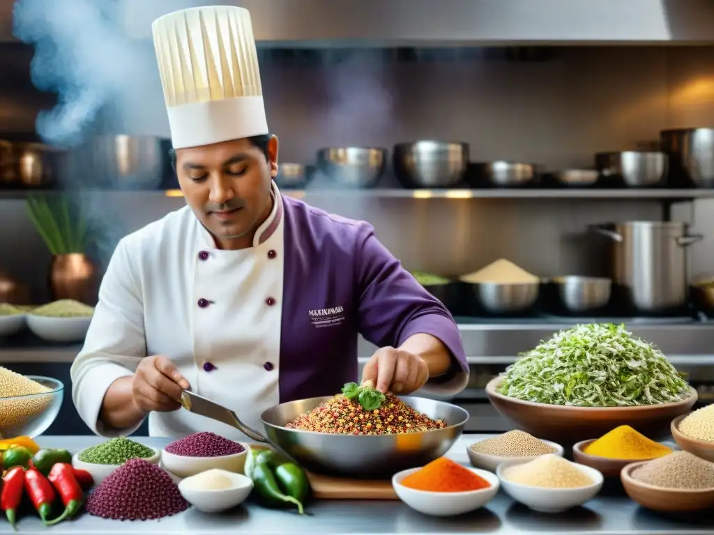 Un chef peruano prepara una colorida ensalada de quinua en una bulliciosa cocina