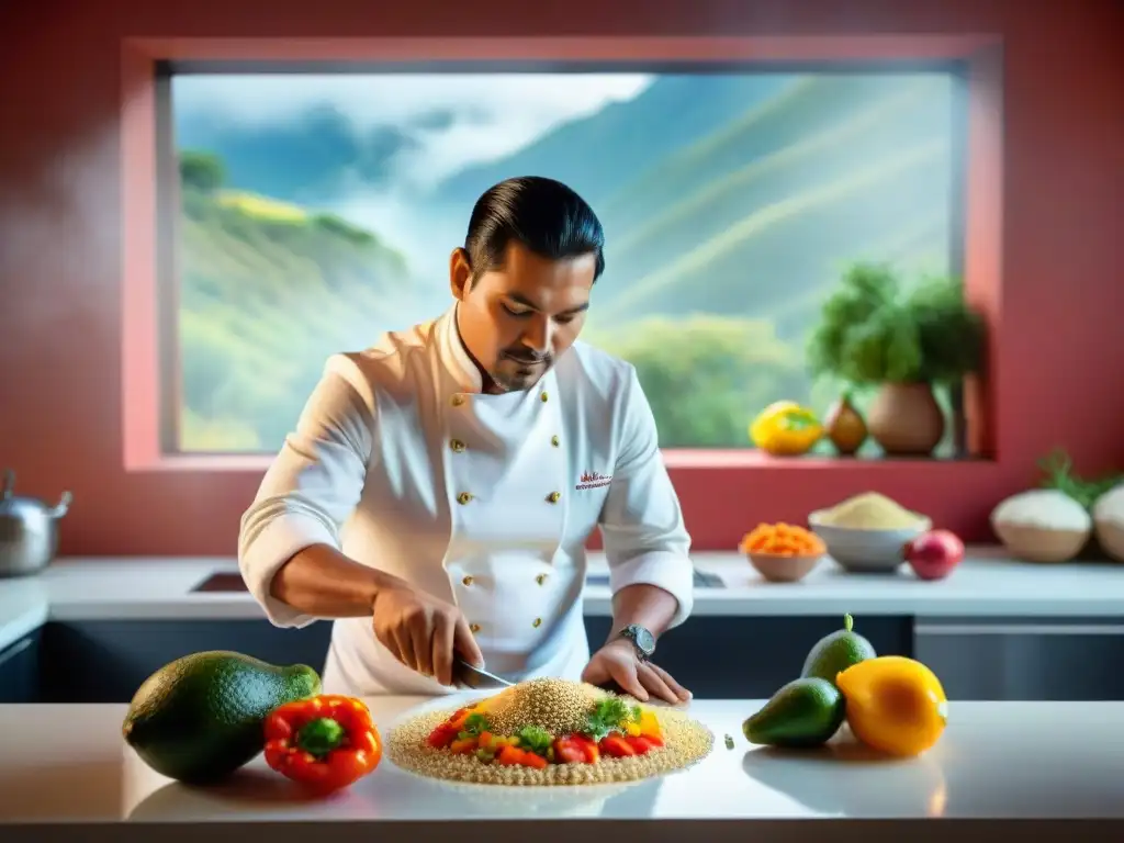 Chef peruano preparando una colorida ensalada de quinua, fusionando tradición e innovación en la gastronomía peruana con beneficios de este superfood