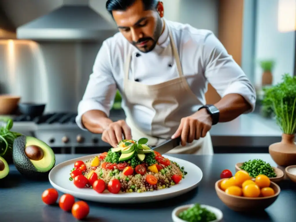 Un chef peruano preparando una colorida ensalada de quinua en una cocina moderna, fusionando lo tradicional con lo contemporáneo