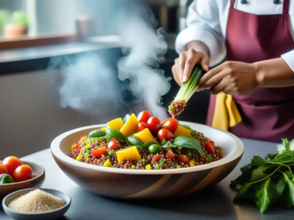 Un chef peruano prepara una colorida ensalada de quinua en una cocina profesional