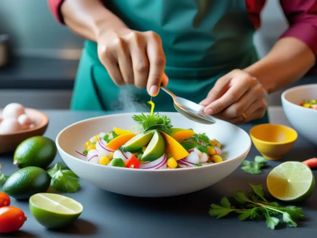 Un chef peruano preparando un colorido Ceviche de Tarwi en una cocina moderna, reflejando la receta peruana