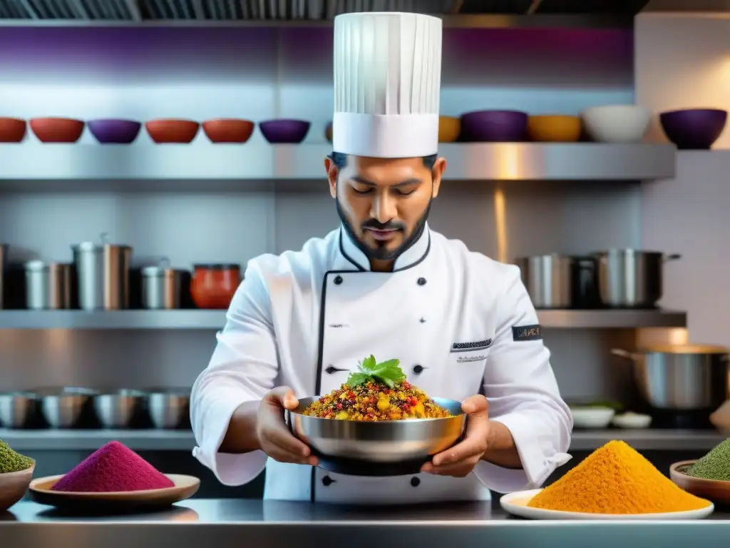 Un chef peruano prepara una comida fusión con ingredientes autóctonos en una cocina moderna