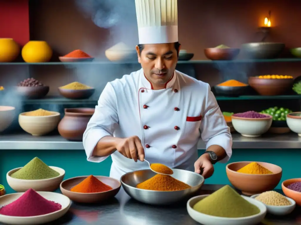 Un chef peruano en Lima preparando comida prehispánica con técnicas ancestrales y ingredientes tradicionales