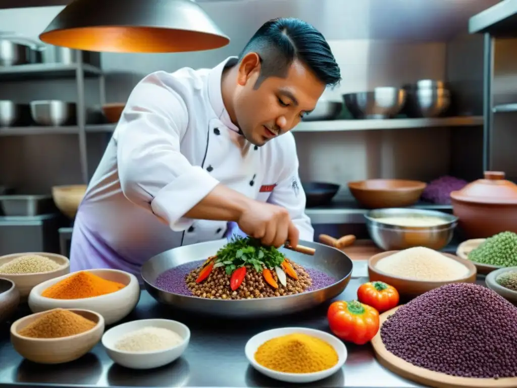 Un chef peruano preparando comida prehispánica en Lima, con ingredientes vibrantes y técnicas antiguas fusionadas con arte culinario moderno