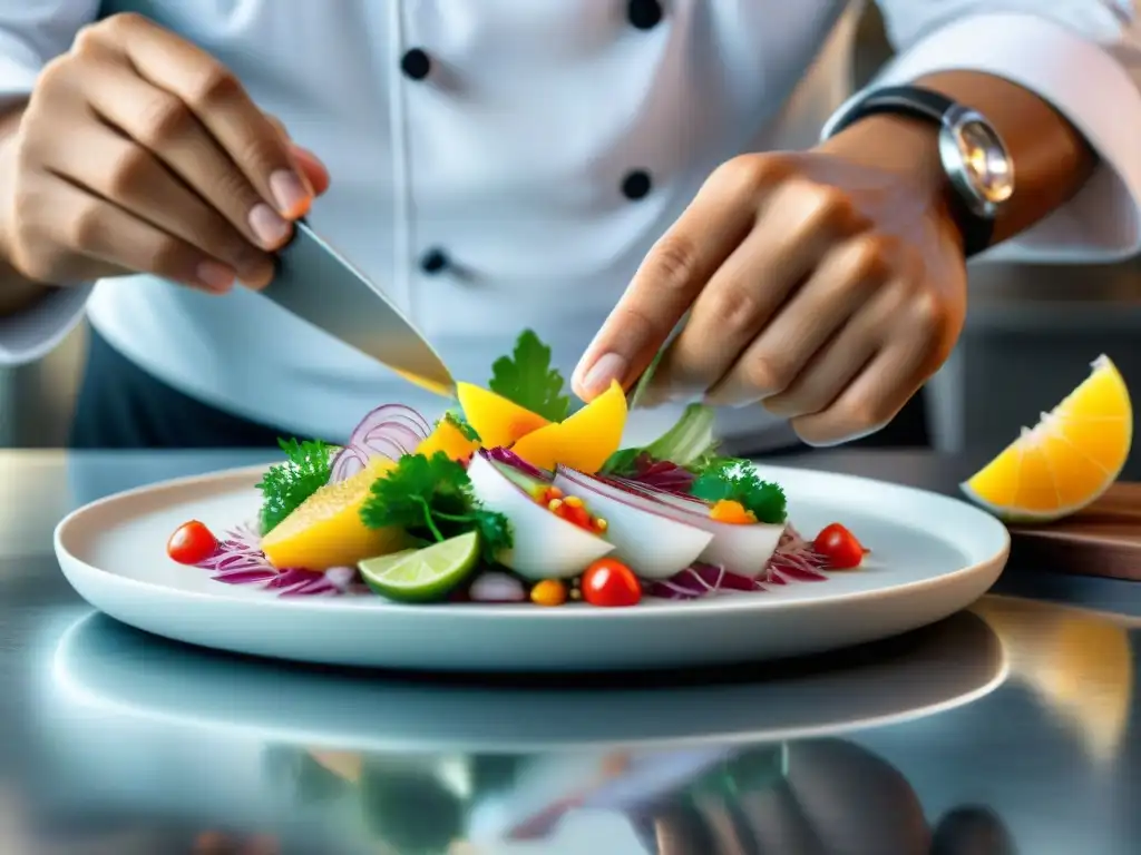 Chef peruano en competencia gastronómica preparando un ceviche vibrante con precisión y arte