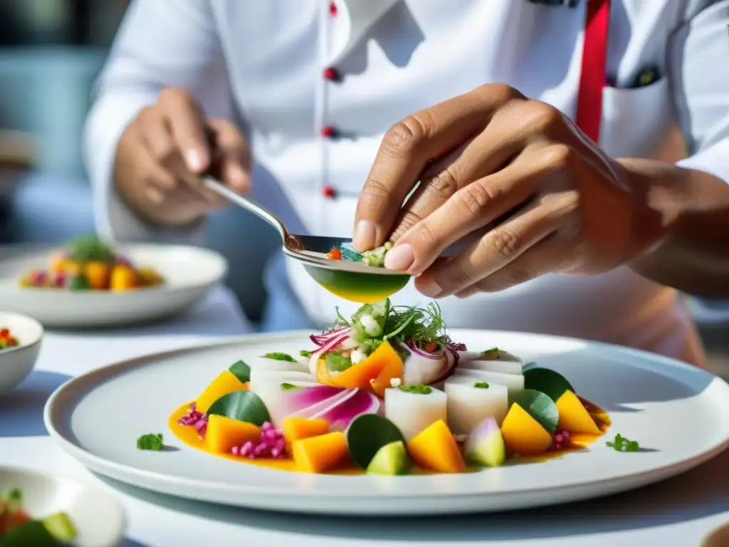 Un chef peruano concentradísimo en competencia, armando un ceviche de colores vibrantes