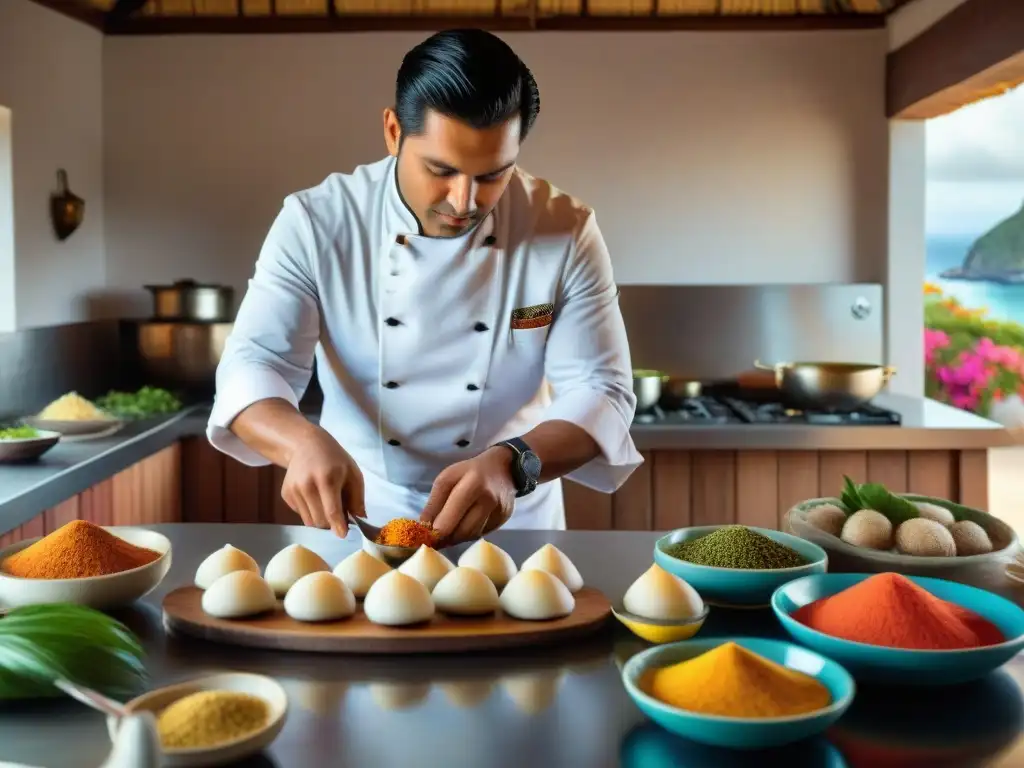 Un chef peruano preparando conchas a la Parmesana en cocina costera