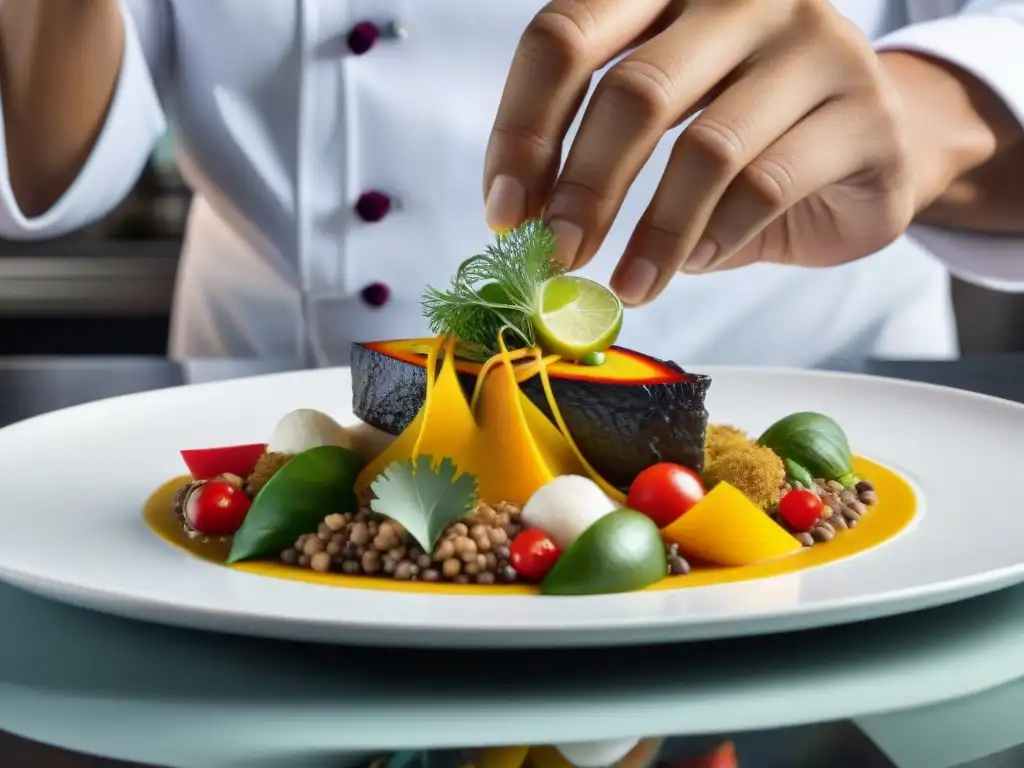 Un chef peruano contemporáneo preparando una receta de ocopa peruana contemporánea en una cocina elegante y moderna