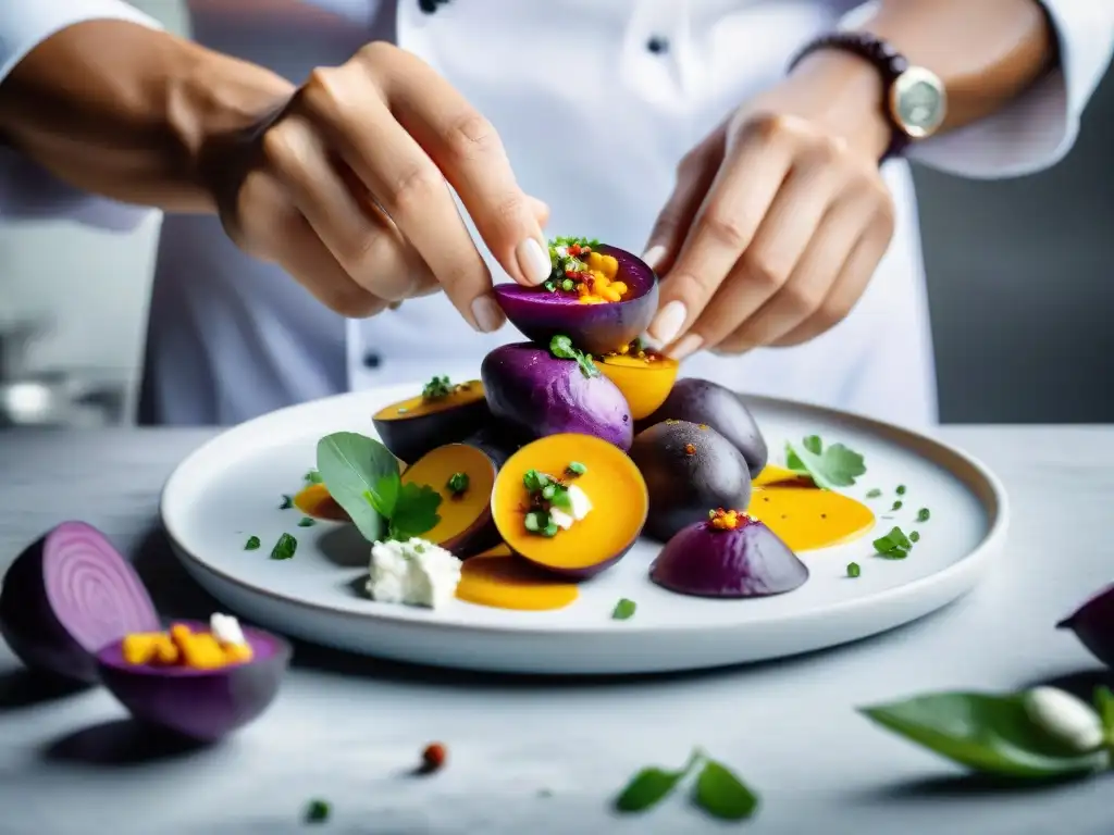 Un chef peruano contemporáneo prepara una receta de ocopa con papas moradas, queso feta y ají amarillo