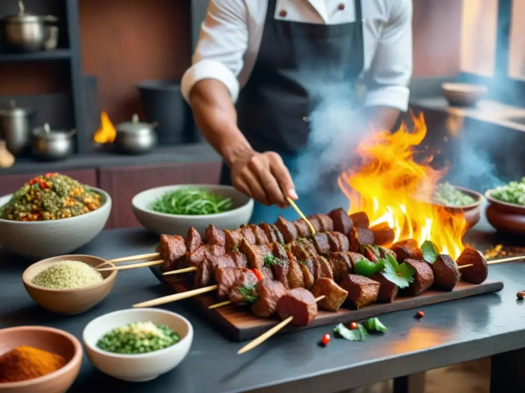 Un chef peruano marina anticuchos de corazón con especias, resaltando la gastronomía peruana