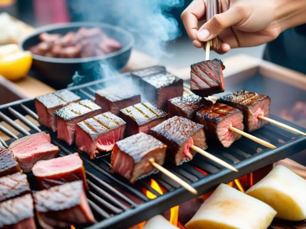 Un chef peruano marina expertamente corazones de res con especias para la receta anticuchos corazones peruanos en un mercado callejero de Lima