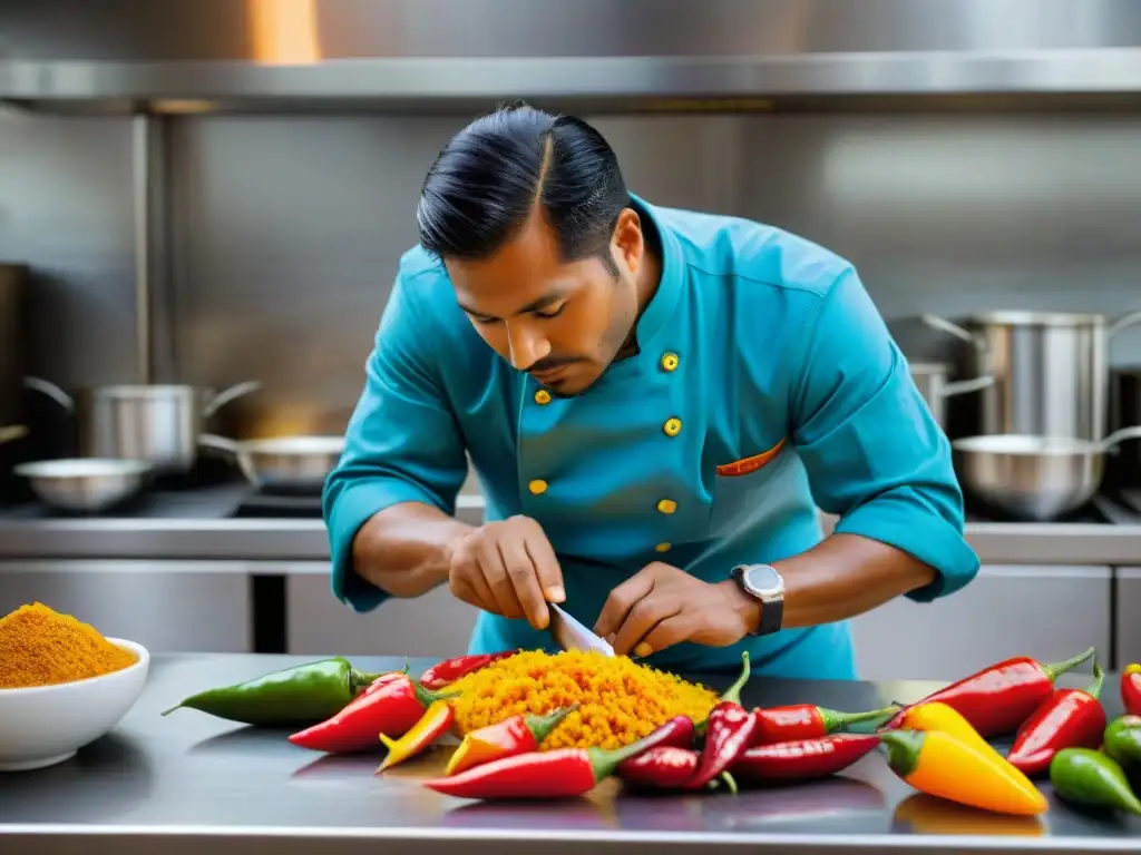 Un chef peruano corta aji amarillo con maestría en cocina tradicional