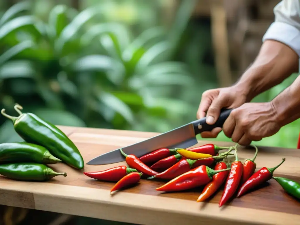 Un chef peruano corta ají charapita en la selva amazónica