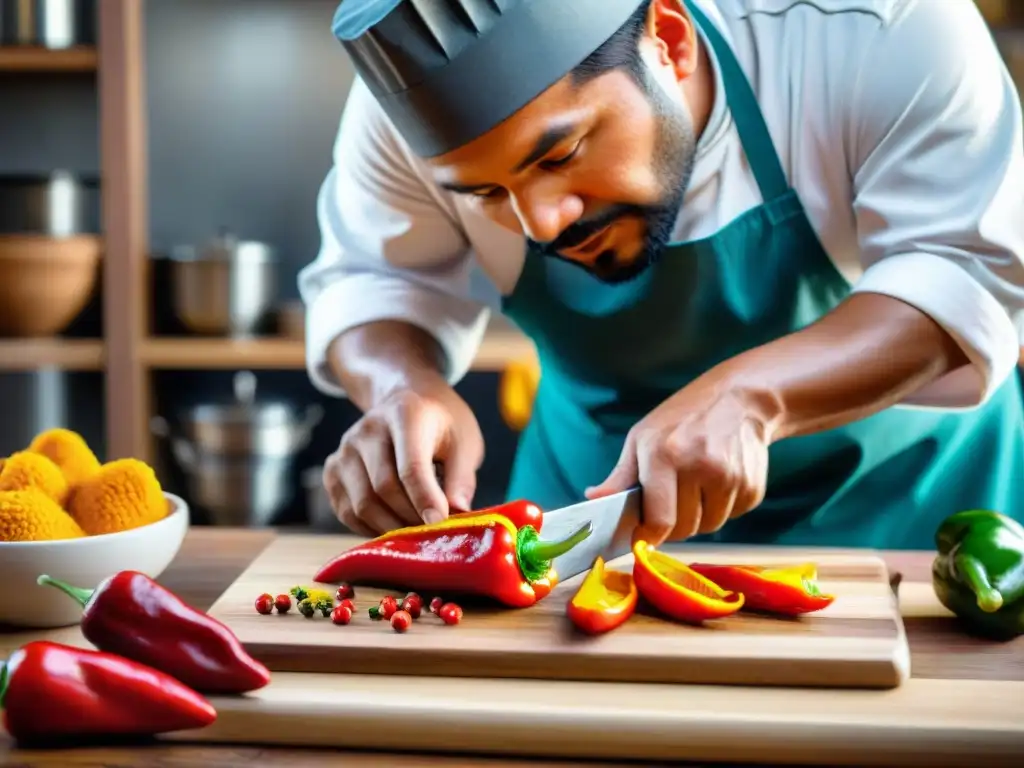 Un chef peruano corta ajíes rojos y amarillos en una cocina tradicional, destacando el ají en la gastronomía peruana