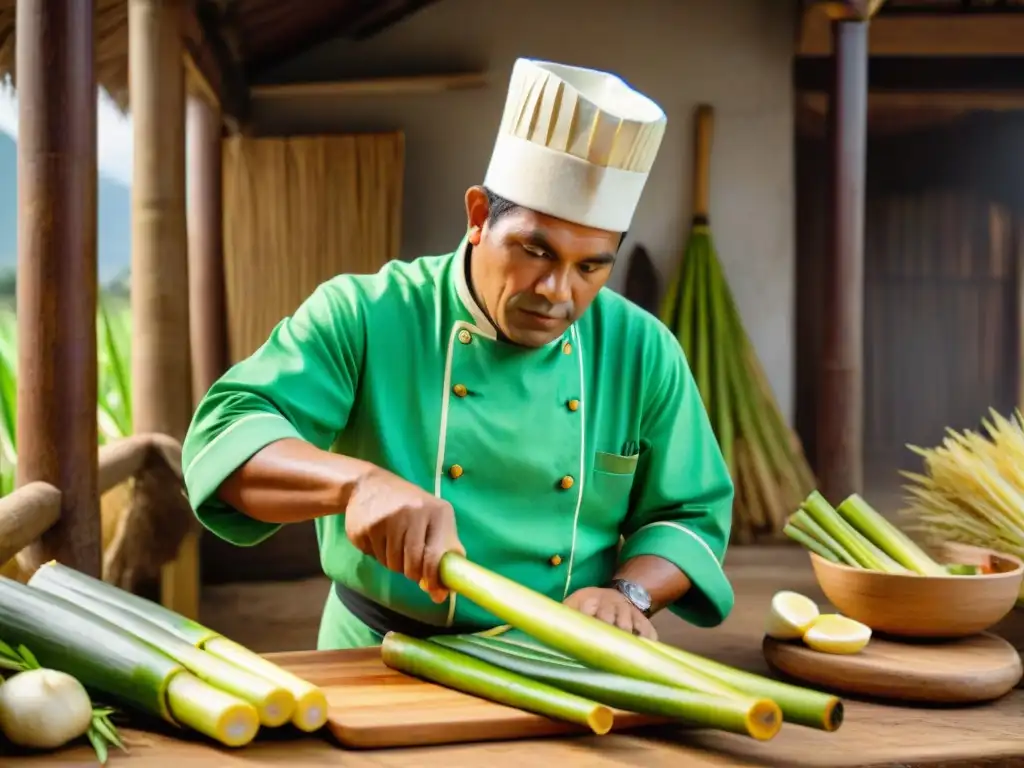 Un chef peruano corta caña verde con destreza en un mercado, reflejando la gastronomía peruana