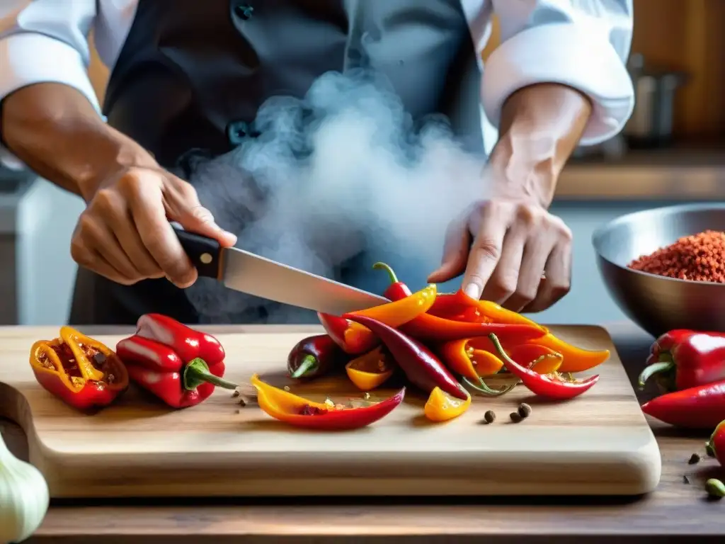 Un chef peruano corta con destreza ajíes rojos en tabla de madera, sumergiendo en la cocina picante peruana auténtica