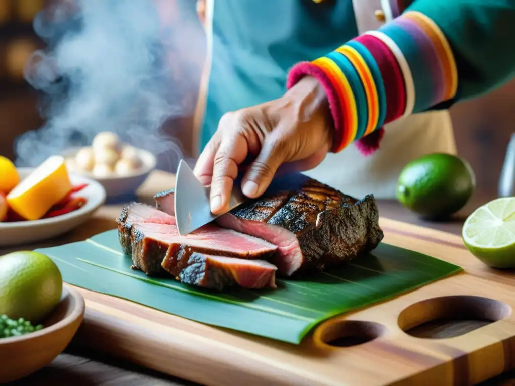 Un chef peruano corta charqui con destreza, mostrando la marbling de la carne