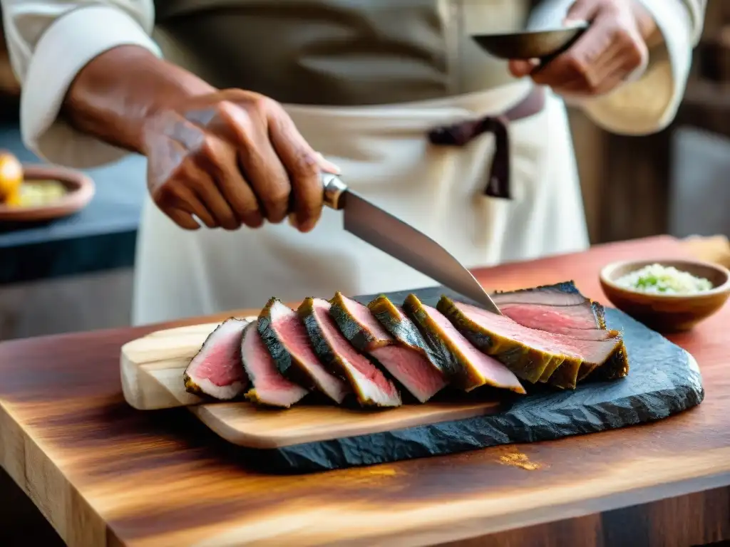 Un chef peruano corta con destreza charqui, mostrando la marbling de la carne