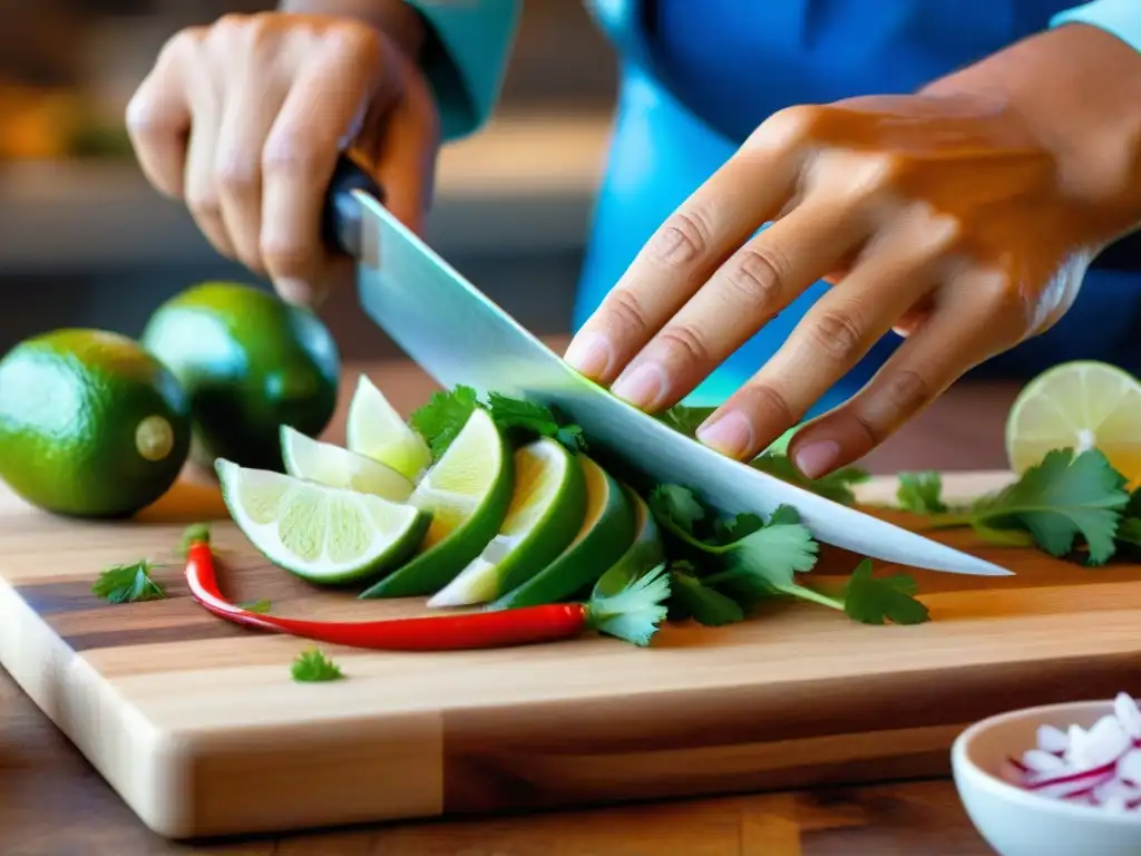 Un chef peruano corta ingredientes frescos para ceviche en un entorno rústico, reflejando la excelencia culinaria peruana