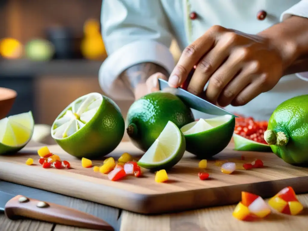 Chef peruano cortando limones para ceviche con maestría y precisión Un chef peruano corta limones para ceviche, con ingredientes frescos y coloridos