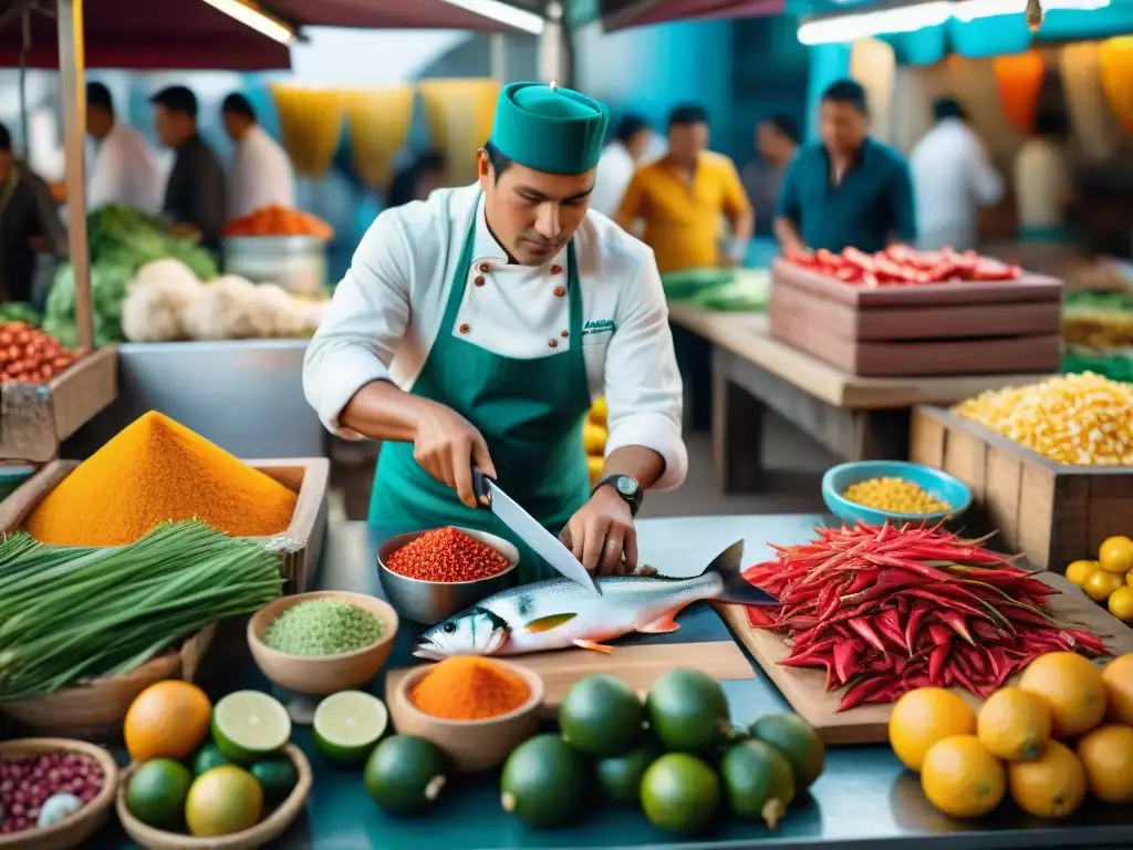 Un chef peruano corta con maestría pescado fresco para un Tiradito peruano sashimi sorprendente en un mercado de Lima