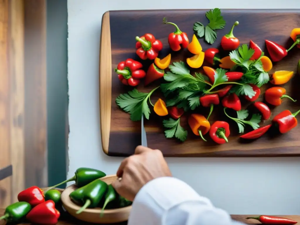 Un chef peruano corta rocotos rojos en una tabla de madera, con cilantro y utensilios de cocina tradicionales