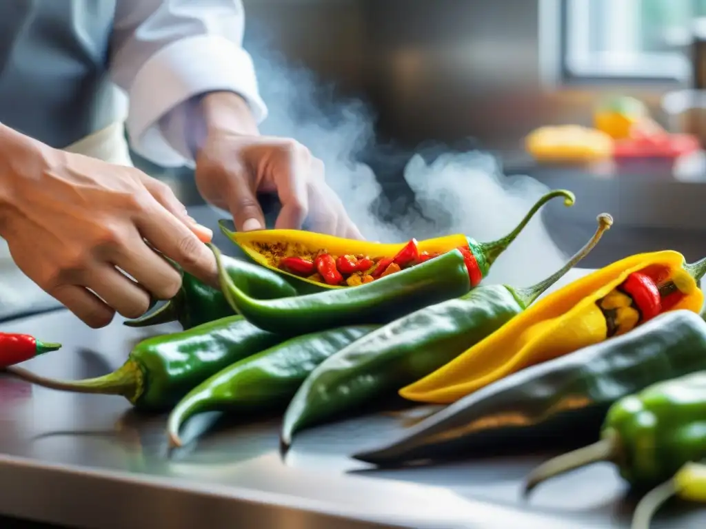 Un chef peruano corta variedades de ajíes peruanos gourmet en una cocina moderna