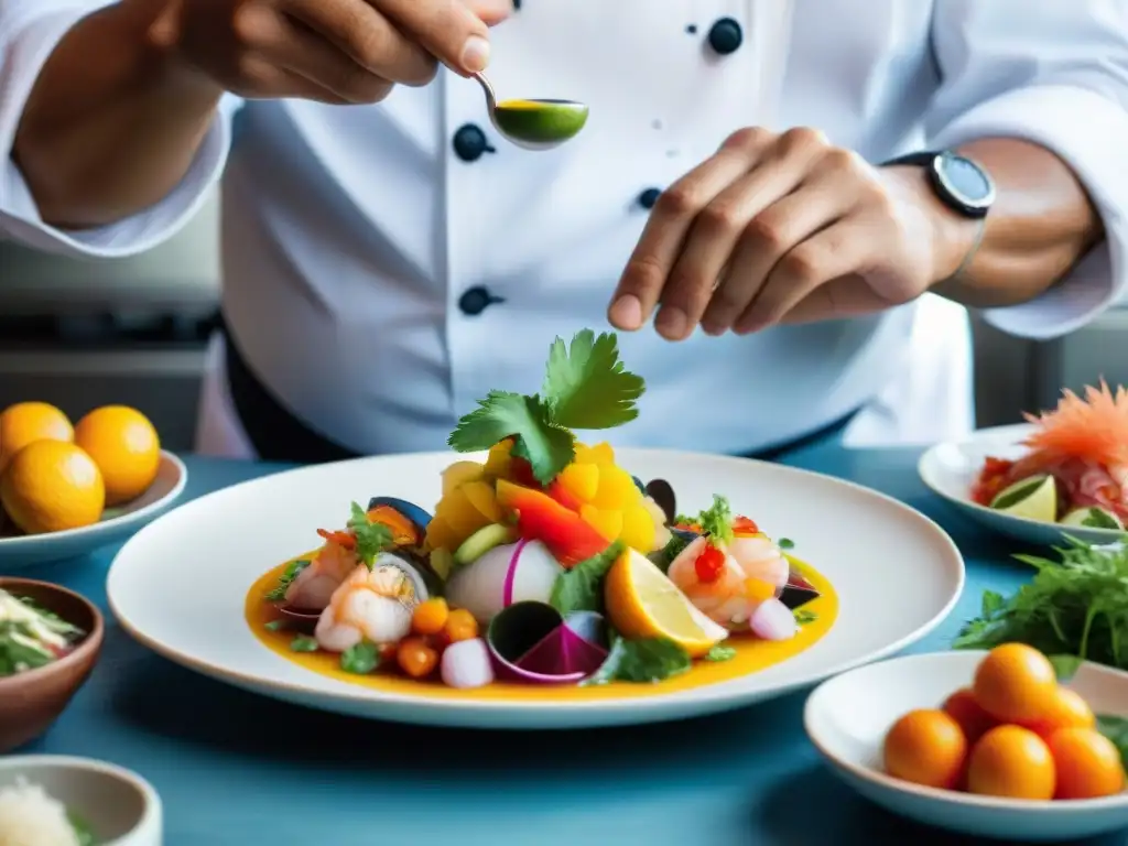 Un chef peruano creativo preparando un ceviche colorido y detallado