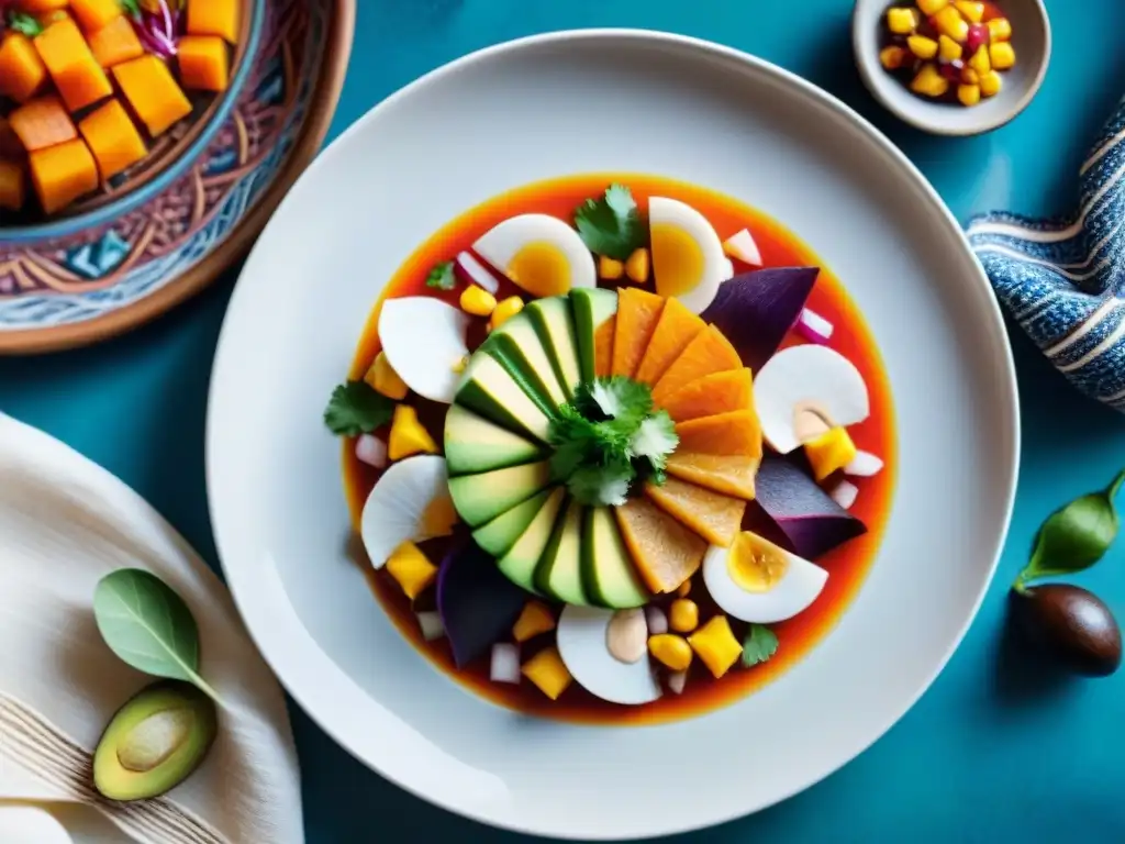 Un chef peruano creativo elaborando un ceviche colorido y detallado sobre un plato blanco, rodeado de ingredientes vibrantes