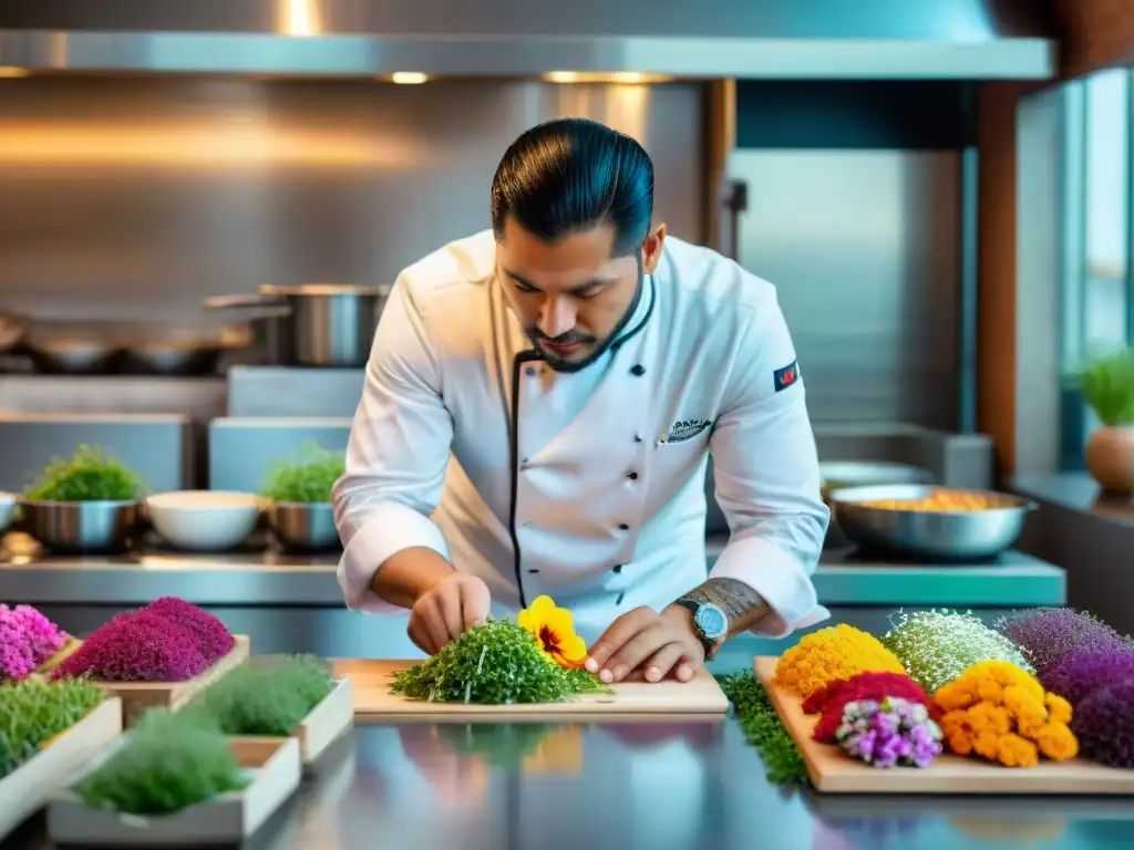 Un chef peruano creativo preparando un exquisito plato con flores comestibles y microgreens