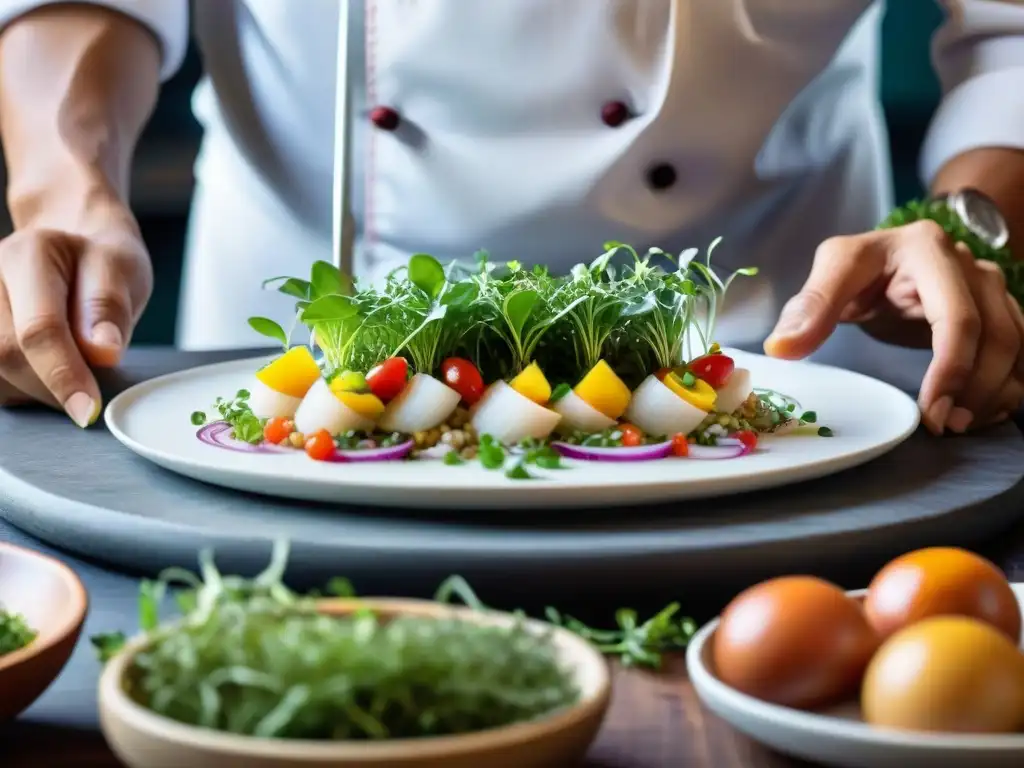 Un chef peruano adorna con cuidado un ceviche con microgreens, mostrando los usos de microgreens en Perú