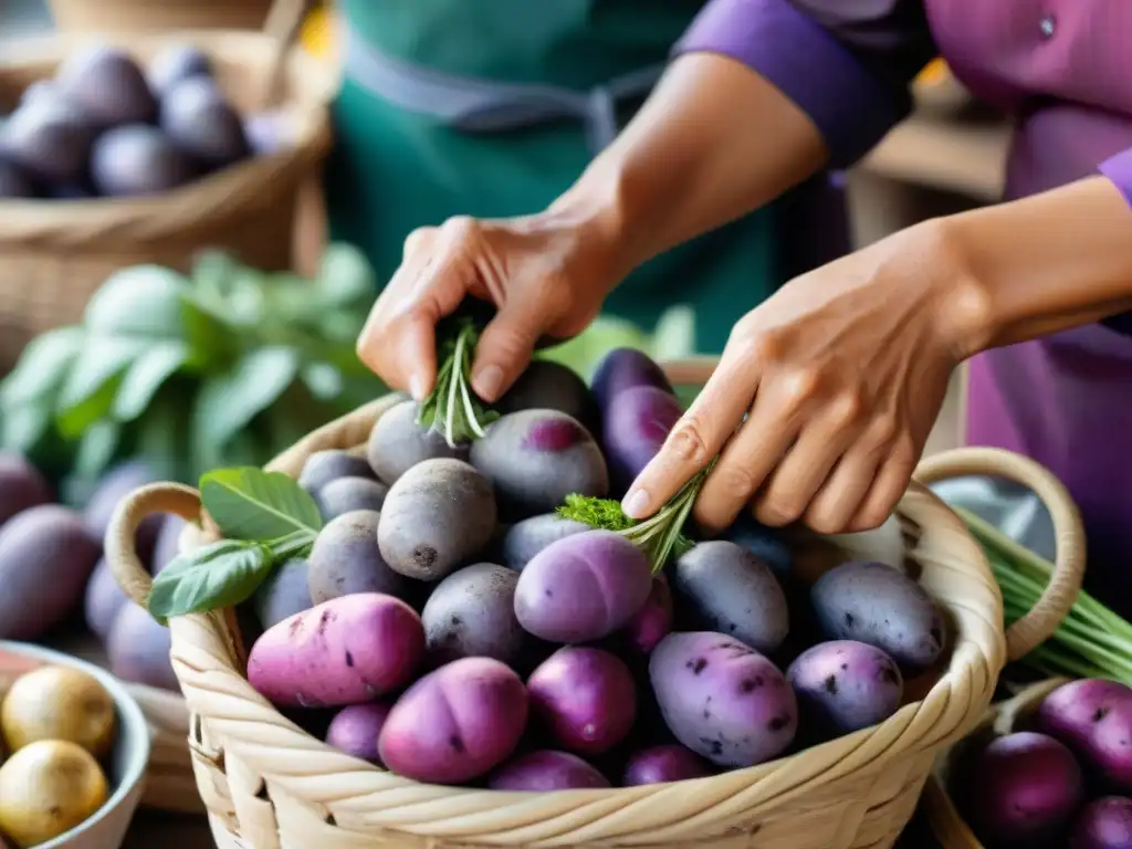 Un chef peruano selecciona con cuidado papas moradas en un mercado local, mostrando autenticidad en ingredientes peruanos