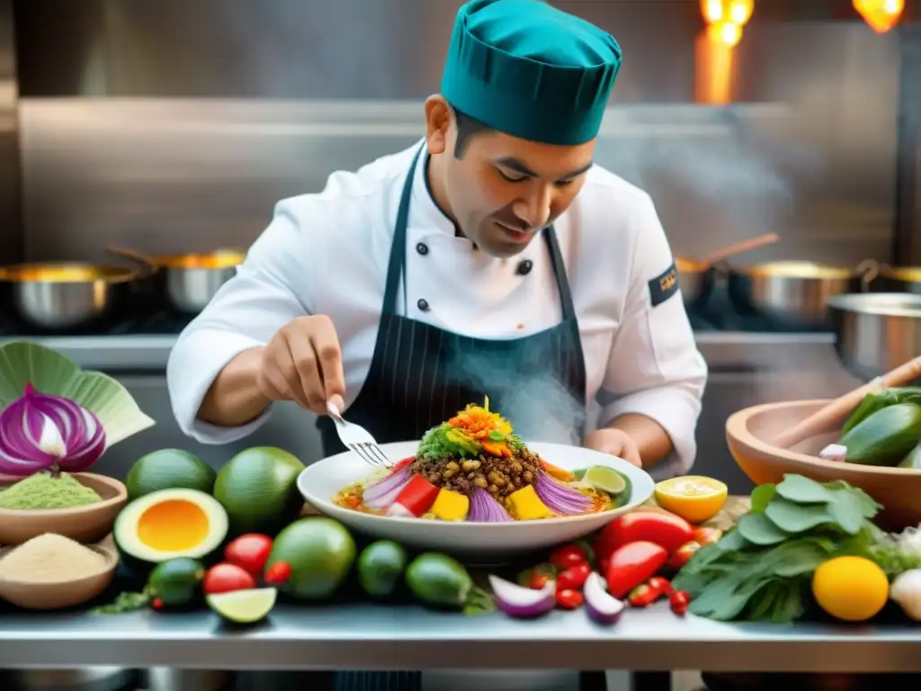 Un chef peruano fusiona tradición e innovación culinaria en una escena vibrante de cocina