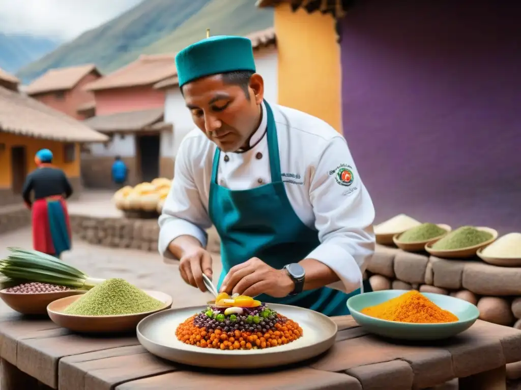 Un chef peruano en Cusco preparando un plato tradicional andino con ingredientes vibrantes