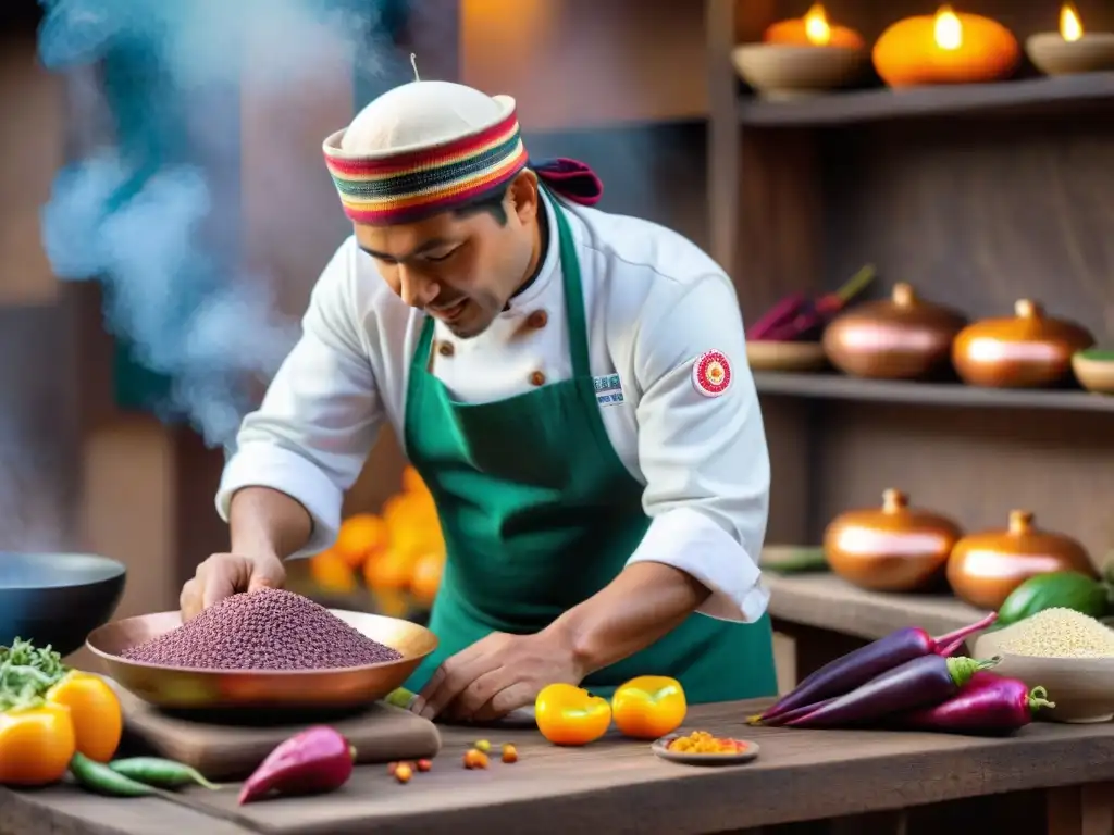 Un chef peruano en Cusco preparando plato tradicional con maíz morado, quinua y ajíes