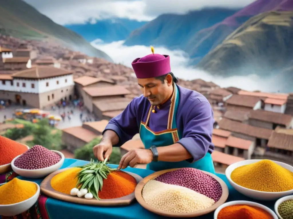 Chef peruano en Cusco preparando plato colorido con ingredientes locales