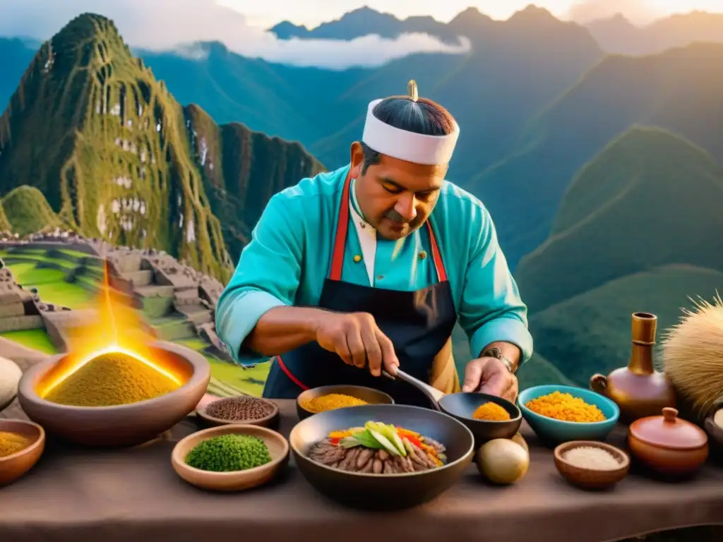 Un chef peruano en Cusco preparando un plato tradicional con utensilios antiguos al atardecer en Machu Picchu