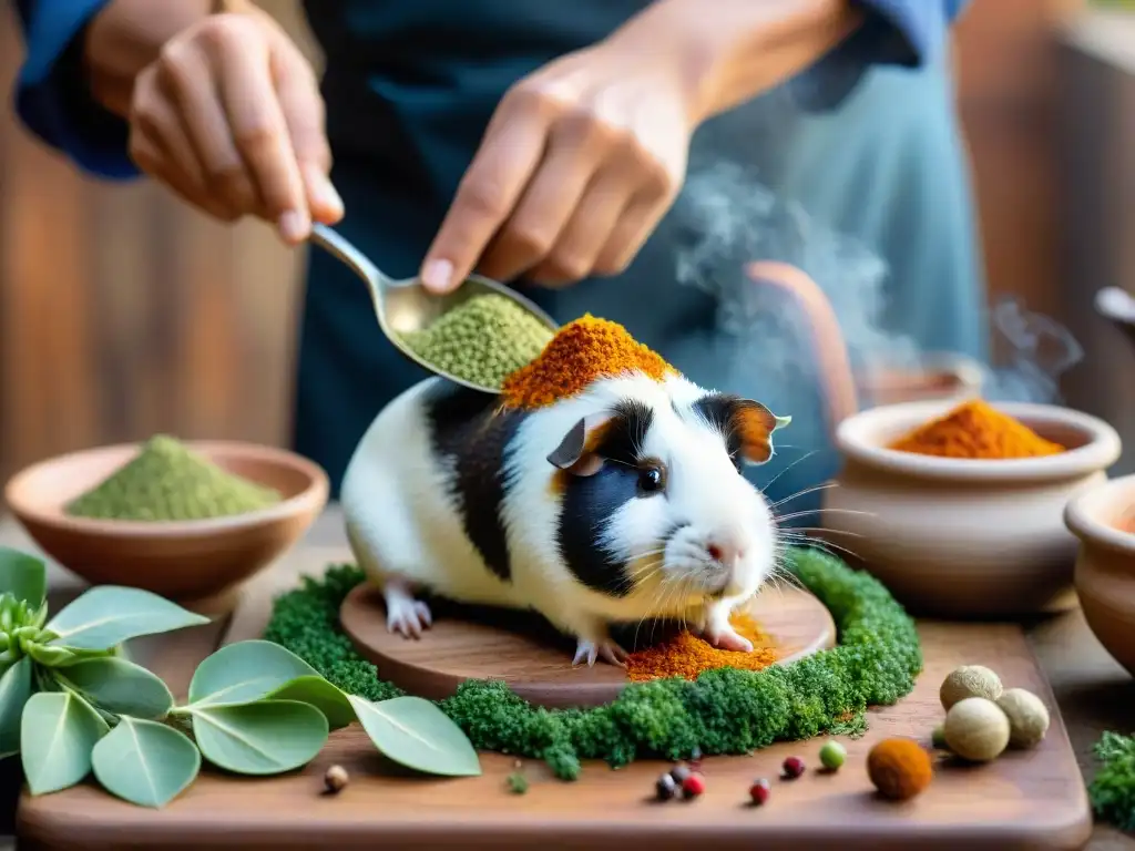 Un chef peruano sazona con maestría un cuy chactado, resaltando la tradición culinaria