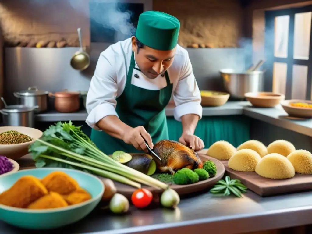 Arte culinario peruano: chef experto preparando cuy crujiente Un chef peruano preparando un cuy crocante perfecto en una cocina tradicional, rodeado de ingredientes frescos y colores vibrantes