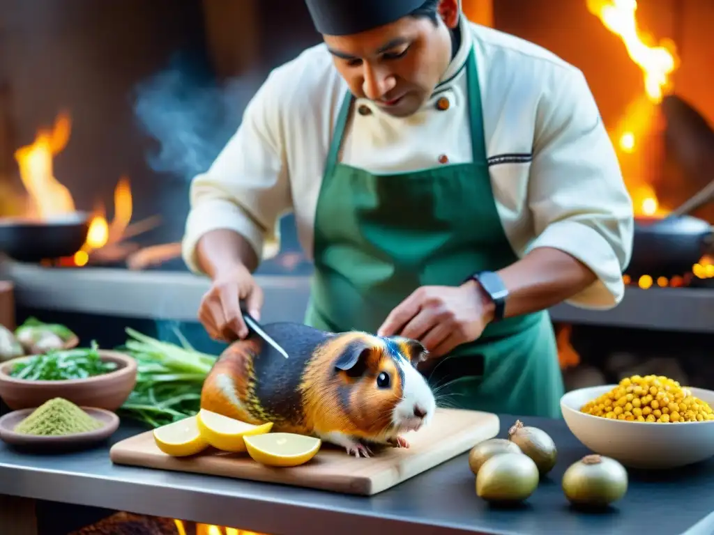 Chef peruano preparando cuy al fuego Un chef peruano prepara cuy crocante perfecto sobre fuego abierto, rodeado de ingredientes autóctonos