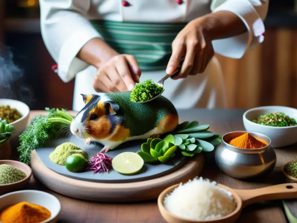 Un chef peruano preparando cuy con pasión y destreza en una cocina rústica