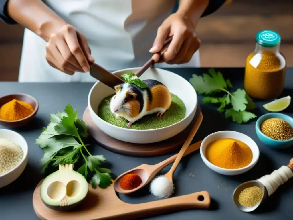 Chef peruano preparando cuy con especias, historia del cuy como alimento