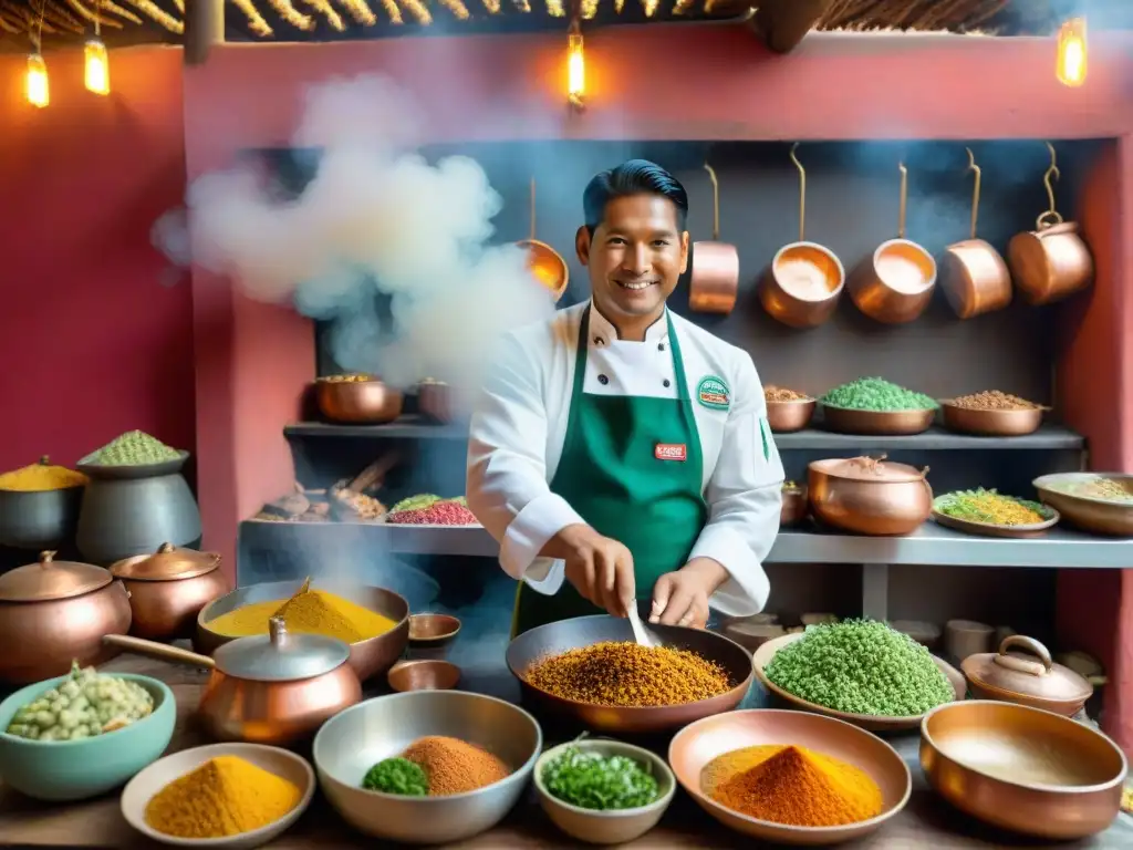 Un chef peruano preparando cuy con ingredientes locales en una cocina tradicional llena de historia gastronomía cuy Perú