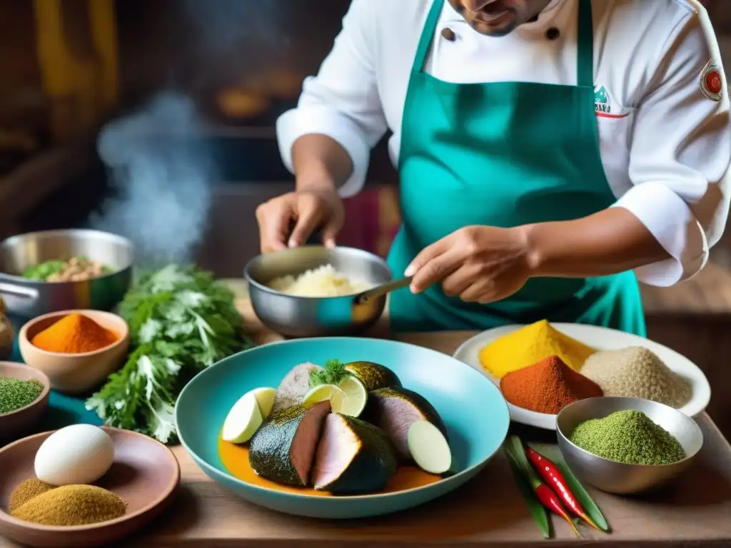 Un chef peruano transformando el cuy, rodeado de utensilios y especias, reflejando la tradición culinaria y la transformación del cuy en Perú