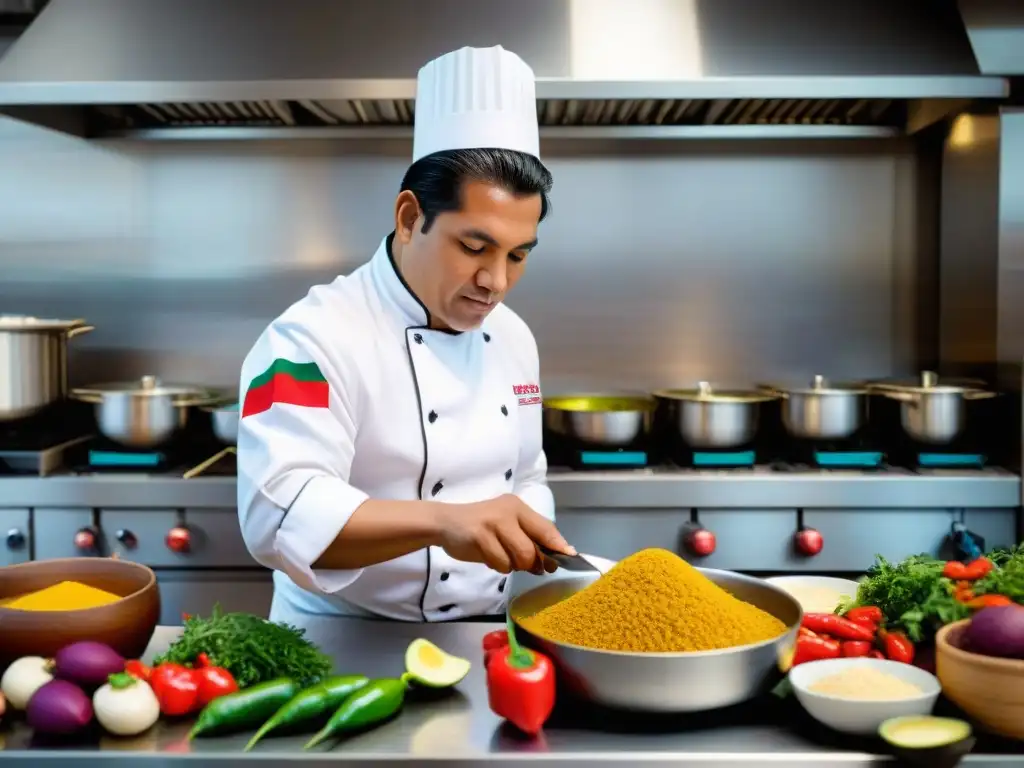 Un chef peruano prepara con dedicación un plato tradicional en una cocina moderna, simbolizando la preservación de la herencia culinaria