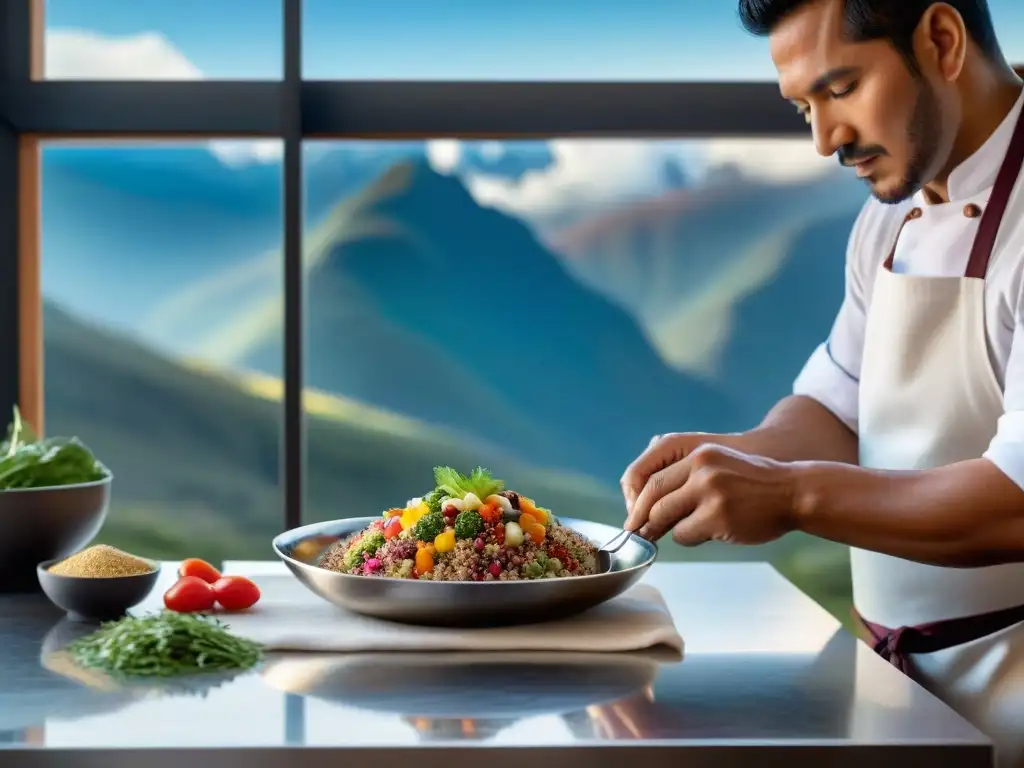 Un chef peruano en delantal blanco prepara una colorida ensalada de quinua en una cocina moderna