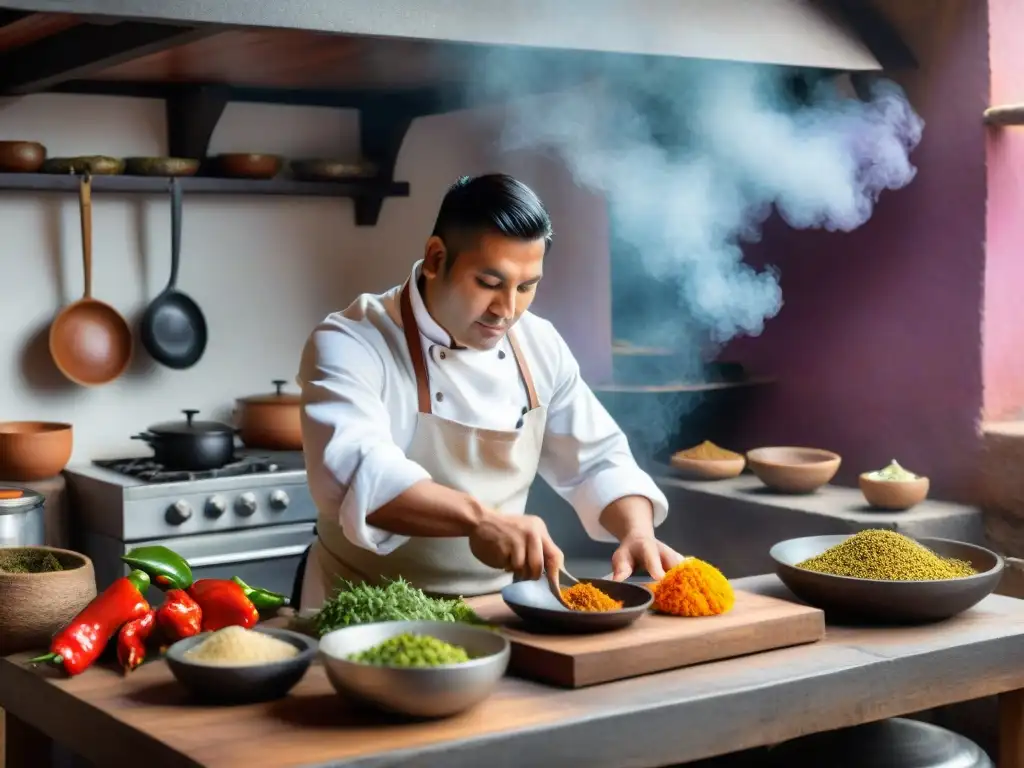 Un chef peruano prepara con delicadeza un cuy en una cocina tradicional, rodeado de ingredientes vibrantes